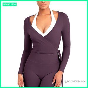 Slim Fit Long Sleeve Crop Top, Stretchy Nylon Blend, V-Neck Wrap Style